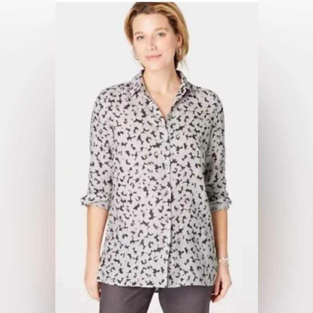 J JILL Love Linen Essential Shirt Granite Floral Print Button Down Top Size L